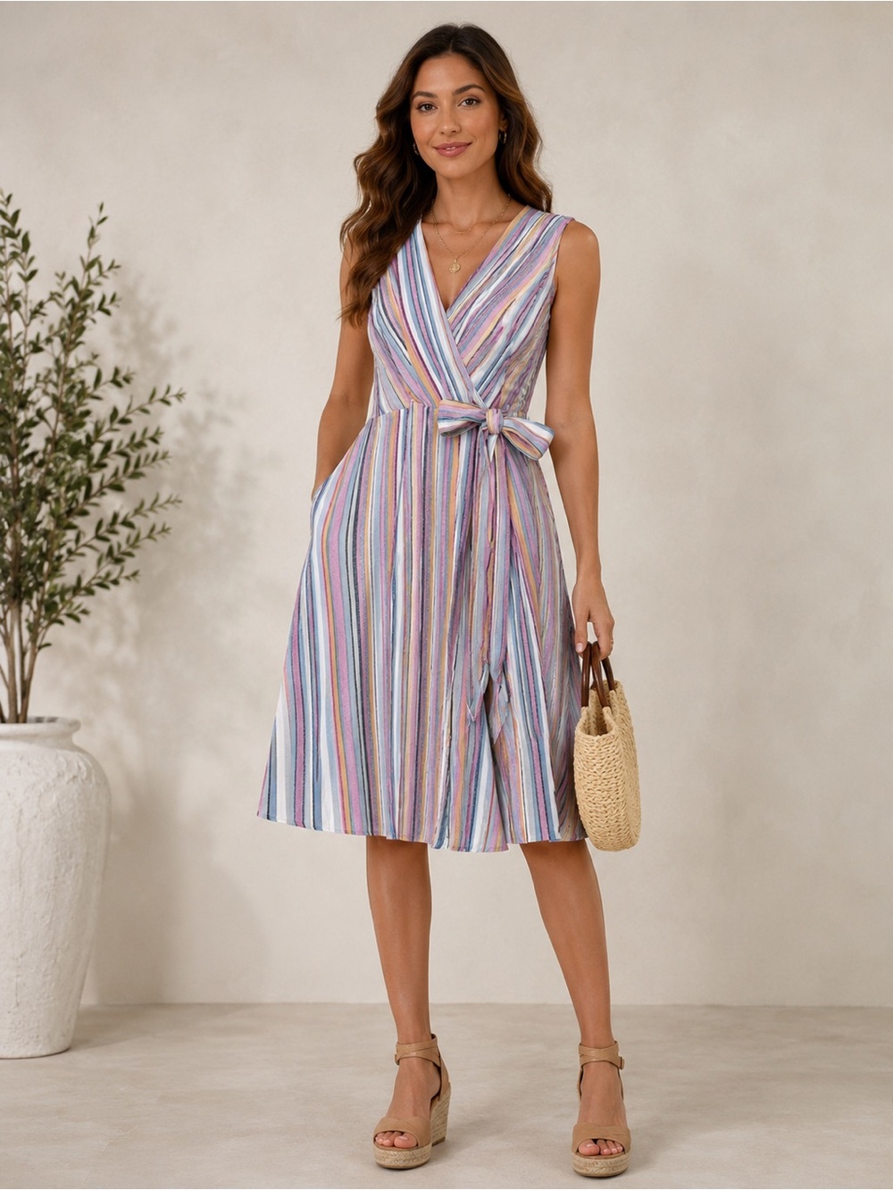 Anama Pastel Stripe Faux Wrap Dress Sleeveless Tie Waist
